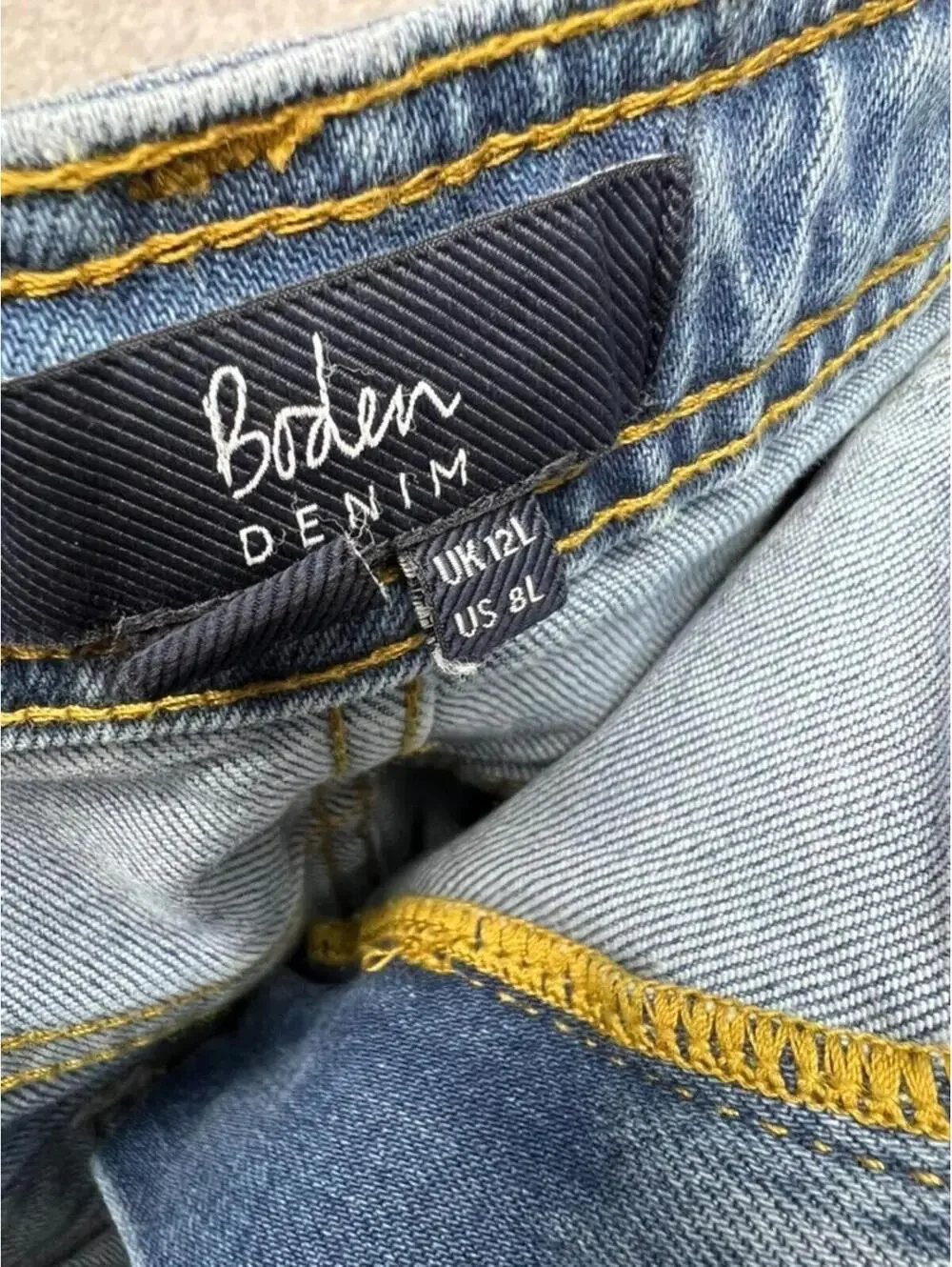 Boden Cavendish Two-Tone Denim Mini Skirt Patch Pocket Blue Boho EUC UK 12L /8 L
